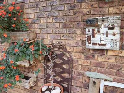 a brick wall with a flower pot and a plant at Monkey Thorn in Roodeplaat