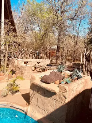 an elephant laying on a stone wall next to a swimming pool at Nyala Luxury Safari Tents in Marloth Park