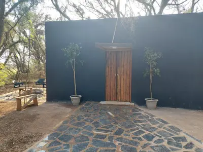 a blue wall with two potted trees and a bench at Vulture's View 8 in Hartbeespoort