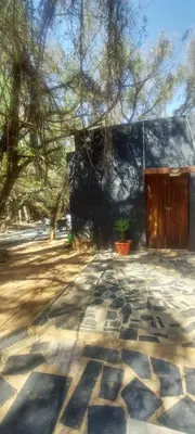 a patio with a tree and a building with a plant at Vulture's View 8 in Hartbeespoort