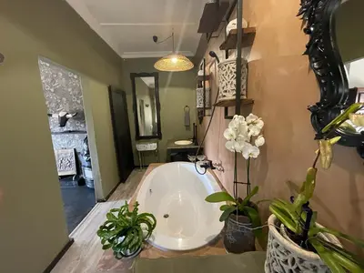 a large bath tub in a bathroom with potted plants at A Bird Cage Stay & Cottage in Haenertsburg