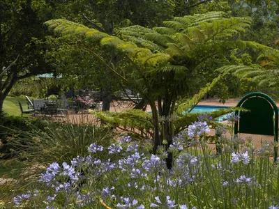 a garden with purple flowers in front of a pool at Penny's Place on Greenway in White River