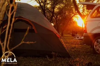 a tent sitting in the grass next to a car at Mela Luxury Game Lodge in Pretoria
