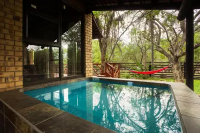 a swimming pool in the backyard of a house at Shebamona No loadshedding in Marloth Park