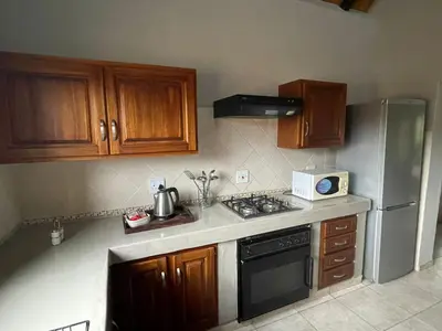a kitchen with a stove and a refrigerator at Fish Eagle Villa in Hoedspruit