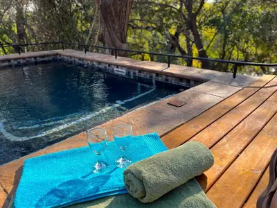 a pair of wine glasses sitting on a table next to a swimming pool at Fish Eagle Villa in Hoedspruit