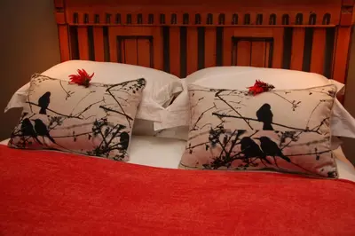 two pillows with birds on them on a bed at 5th Seasons Guesthouse in Nelspruit