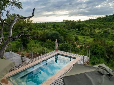a person standing on top of a house with a swimming pool at Phomola Manor Holiday Home in Phalaborwa