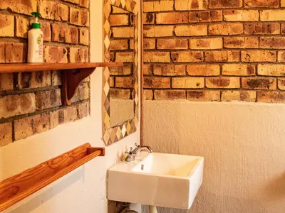 a bathroom with a white sink and a brick wall at Cottage@Injabulo in Marloth Park