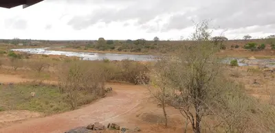 a dirt road with a river in the background at Stoep At Kruger in Komatipoort