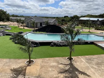 two palm trees in front of a swimming pool at Bluewave Farm Villa in Louis Trichardt