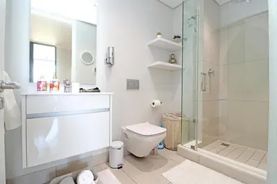 a white bathroom with a shower and a toilet at Ellipse Apartment in Midrand