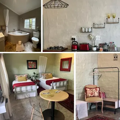 three pictures of a room with two beds and a bathroom at Chocolate Orchid in White River