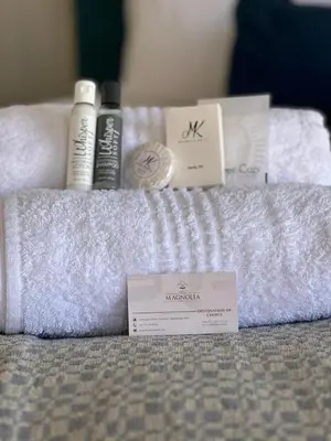 a pile of towels sitting on top of a bed at Magnolia Hotel in Middelburg