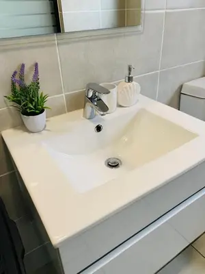 a white bathroom sink with a plant on it at The blyde-Luxury one bedroom apartment in Pretoria