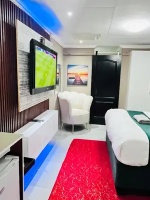 a room with a bed and a tv and a red rug at Executive Galaxy Guest House Nkowankowa in Nkowakowa