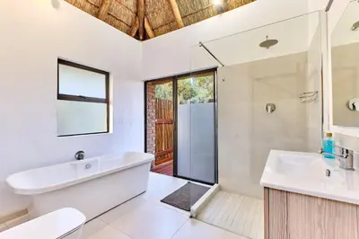 a bathroom with a sink and a shower at Shasha Lodge, Mabalingwe Game Reserve in Mabula