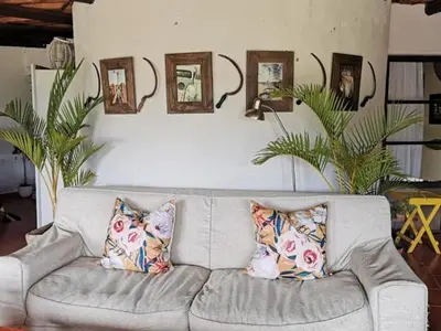 a couch with pillows on it in a living room at The Homestay in Nelspruit