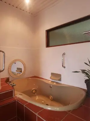 a large bath tub in a bathroom with a mirror at The Homestay in Nelspruit