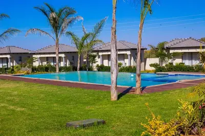 a resort with a swimming pool and palm trees at THE BRIDGE BOUTIQUE LODGE in Moletlane