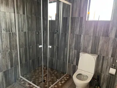a bathroom with a toilet and a shower at THE BRIDGE BOUTIQUE LODGE in Moletlane