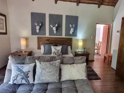 a bedroom with a bed and a couch with pillows at Paradise River Lodge in Hoedspruit
