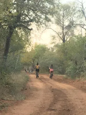 two people riding bikes down a dirt road at Panache Wildlife Cottage-Self Catering in Hoedspruit