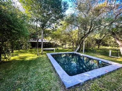 a swimming pool in the middle of a yard with trees at Ukuthula @ the Kruger in Marloth Park