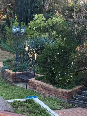 a garden with a lamp post and some bushes at Oak Tree Lodge, Beaulieu, Kyalami in Midrand