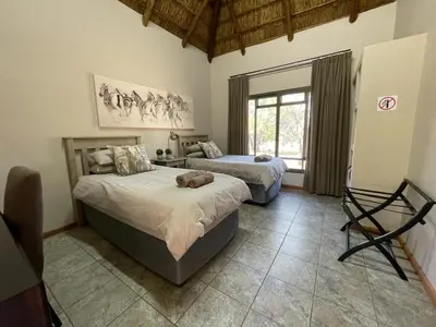 a bedroom with two beds and a window at Oryx Wilderness Game Lodge and Tented Camp in Rhenosterfontein