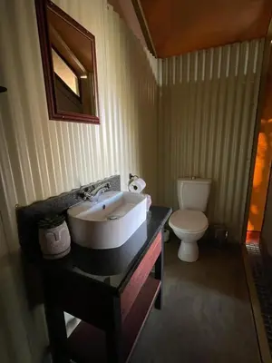 a bathroom with a sink and a toilet at Oryx Wilderness Game Lodge and Tented Camp in Rhenosterfontein