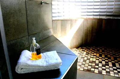 a bottle and a towel on a counter in a bathroom at Bradbury Game Lodge and Function Venue in Polokwane