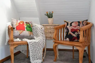 two chairs with pillows and a table with a plant at Eagles Nest in Dullstroom