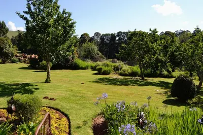 a garden with green grass and trees and flowers at Eagles Nest in Dullstroom