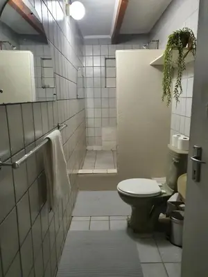 a small bathroom with a toilet and a shower at KatiKati Eco Lodge in White River