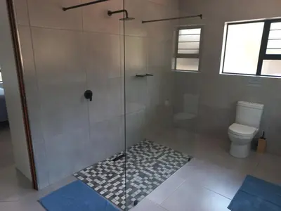 a bathroom with a shower and a toilet at Make a memory in Marloth Park