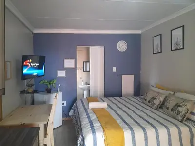 a bedroom with a bed and a tv on a wall at The Rose Guesthouse in Witbank