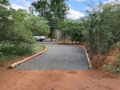 a driveway with trees and a truck in the distance at African Olive in Hoedspruit
