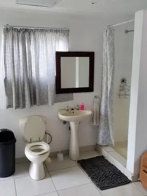 a bathroom with a toilet and a sink and a shower at Outside room in Pretoria