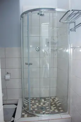 a shower with a glass door in a bathroom at Black Owl Lodge in Kempton Park
