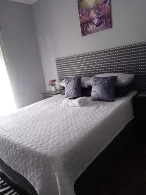 a bedroom with a white bed with purple pillows at Black Owl Lodge in Kempton Park