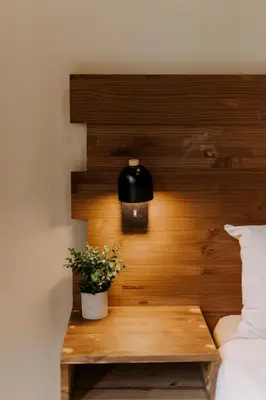 a black lamp and a plant on a wooden headboard at Afri Villa Stays - Luxury Bush Villa Hyena in Marloth Park
