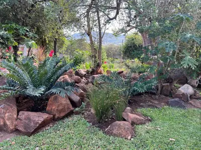 a garden with rocks and plants and trees at Moya-Sky in Komatipoort
