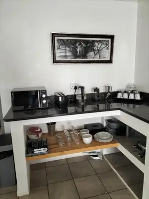 a kitchen with a counter top with a microwave at Mukumbura Swartwater in Swartwater