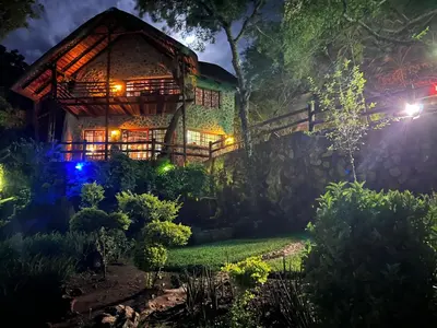 a house in the woods at night with lights at JakkalsDraai River Bush Lodge in Hoedspruit