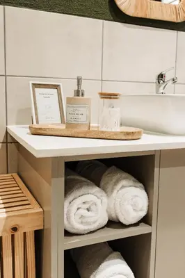 a bathroom with a sink and towels under a counter at Chawal Stays Swartwitpens in Marloth Park