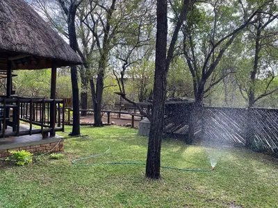 a garden with a hose hooked up to a tree at Kudu Mal in Marloth Park