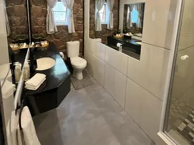 a bathroom with a toilet and a sink at Ehlathini Game Lodge in Marken