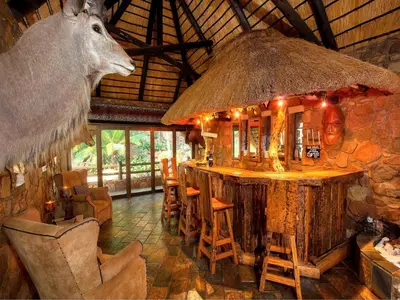 a bar in a room with a cow head on the wall at Ehlathini Game Lodge in Marken