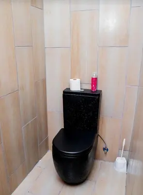 a black toilet with a black seat in a bathroom at TINDLOVU GUESTHOUSE in Nelspruit